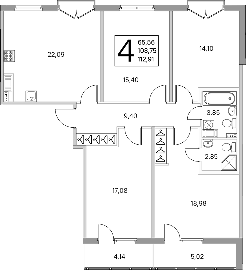 4-комнатная квартира 108.33 м², 4/4 эт., ЖК «Любоград в Стрельне»